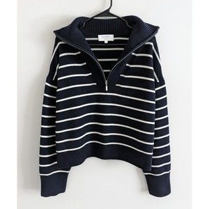 La Ligne Stripe Half-Zip Merino Wool Sweater Womens Sz Large Navy Blue Pullover